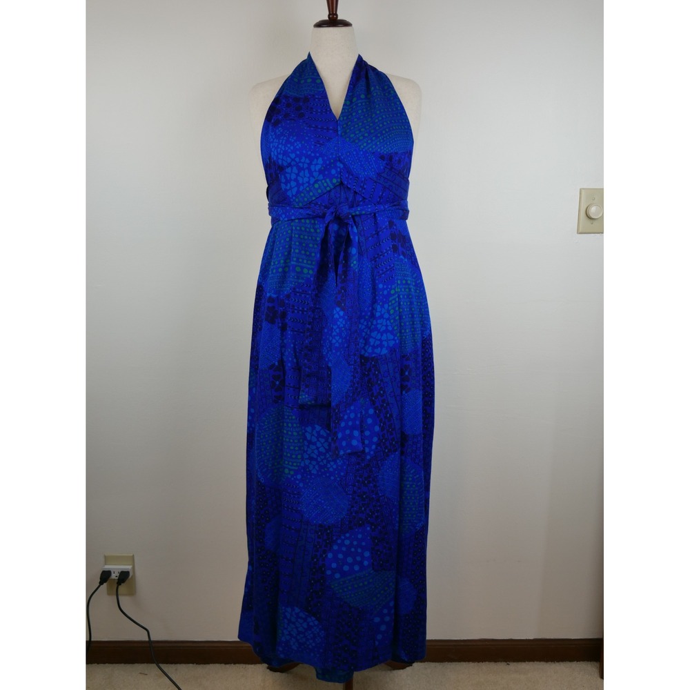 Vintage Blue Green Geometric Halter Maxi Dress Tie Waist Abstract Print